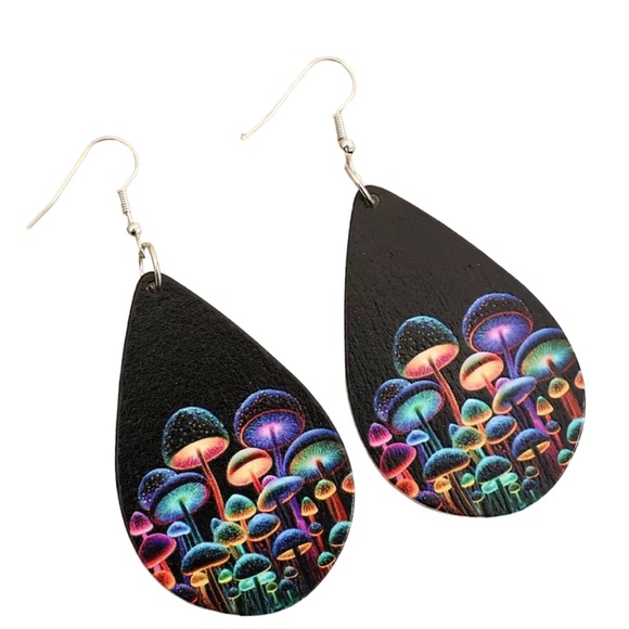 Fluorescent Colorful Mushroom and Black Teardrop Leather Earrings - Picture 4 of 5